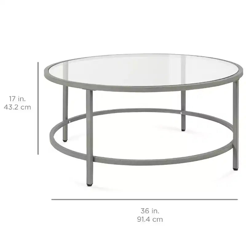 Tavolino da Caffè Rotondo in Vetro Temperato, Grigio / Bianco, Struttura in Metallo