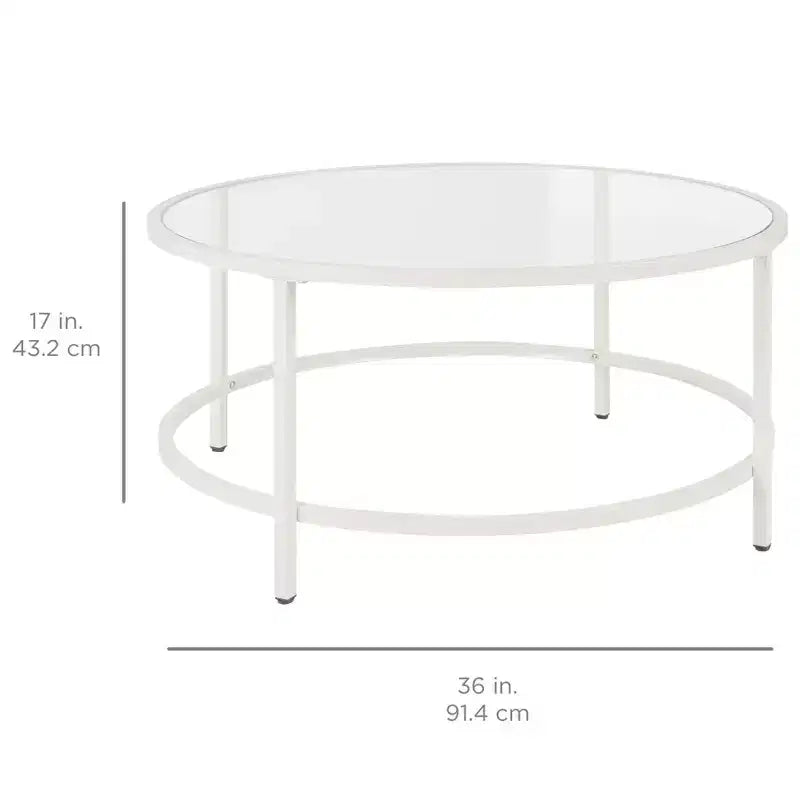 Tavolino da Caffè Rotondo in Vetro Temperato, Grigio / Bianco, Struttura in Metallo