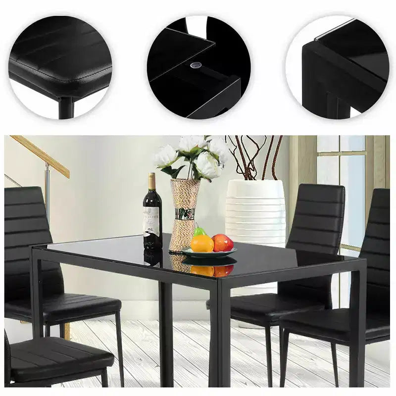 Set da pranzo 5 pezzi in vetro nero, 4 posti a sedere