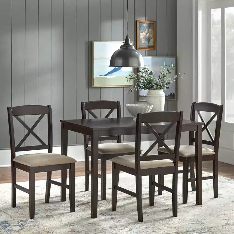 Set da pranzo rettangolare a 5 pezzi con schienale a croce, nero/marrone espresso/bianco, 4 posti a sedere