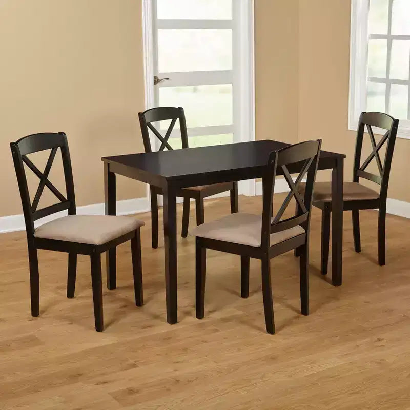 Set da pranzo rettangolare a 5 pezzi con schienale a croce, nero/marrone espresso/bianco, 4 posti a sedere