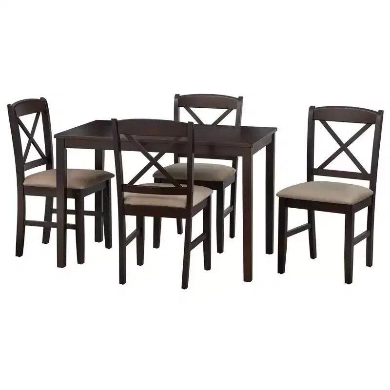 Set da pranzo rettangolare a 5 pezzi con schienale a croce, nero/marrone espresso/bianco, 4 posti a sedere