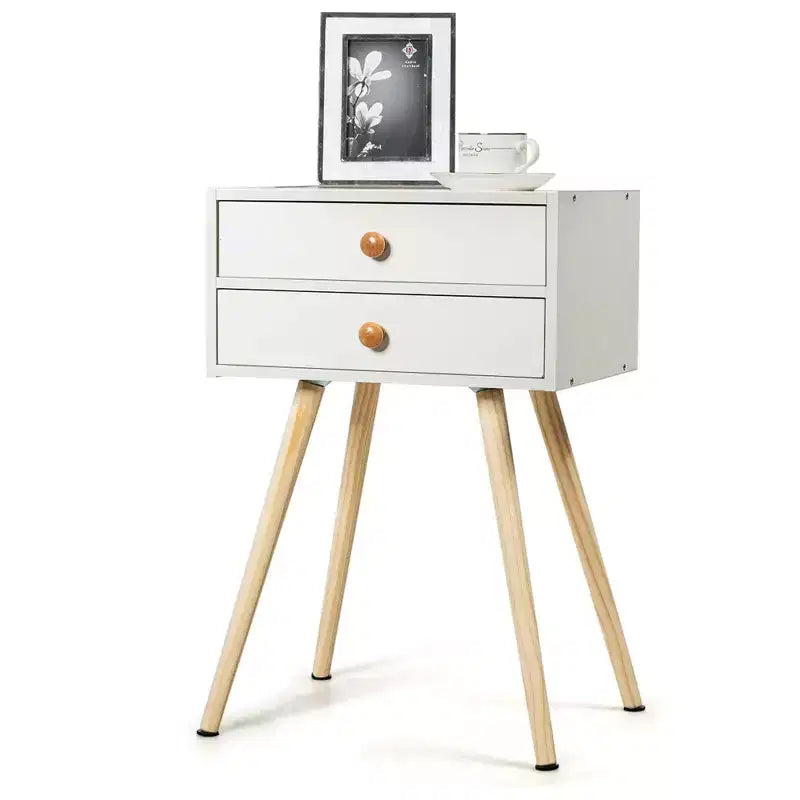 Comodino a 2 cassetti Bianco e Naturale con gambe in legno massello, 1 persona