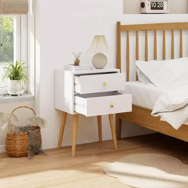 Comodino a 2 cassetti Bianco e Naturale con gambe in legno massello, 1 persona