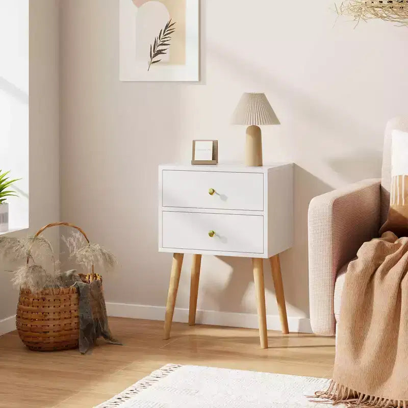 Comodino a 2 cassetti Bianco e Naturale con gambe in legno massello, 1 persona