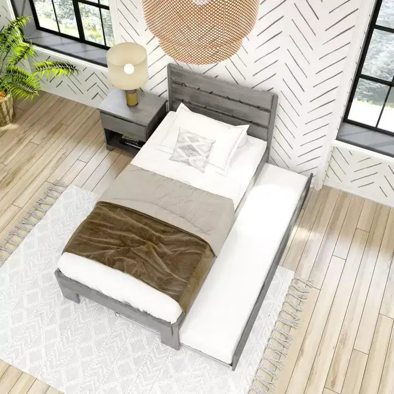Letto singolo rustico con testiera a doghe e letto estraibile – Driftwood / White Wash, 2 posti letto