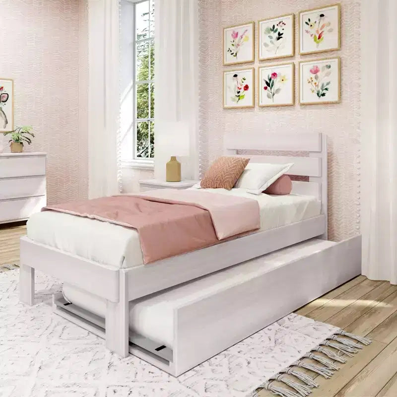Letto singolo rustico con testiera a doghe e letto estraibile – Driftwood / White Wash, 2 posti letto