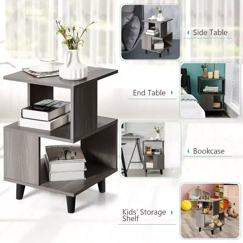 Comodini a 3 ripiani grigi, set da 2, stile asimmetrico