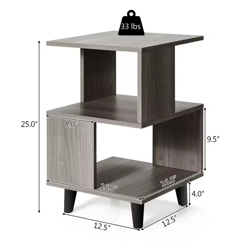 Comodini a 3 ripiani grigi, set da 2, stile asimmetrico