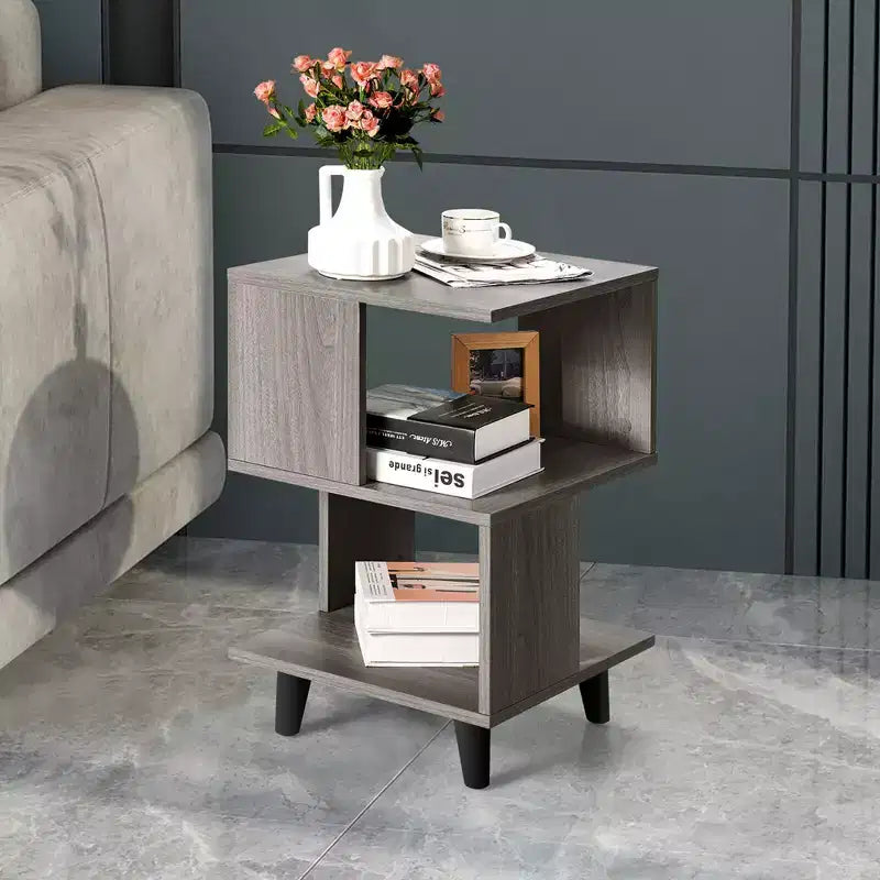 Comodini a 3 ripiani grigi, set da 2, stile asimmetrico