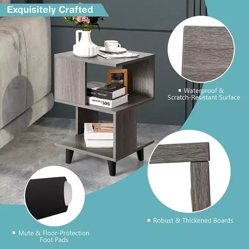 Comodini a 3 ripiani grigi, set da 2, stile asimmetrico