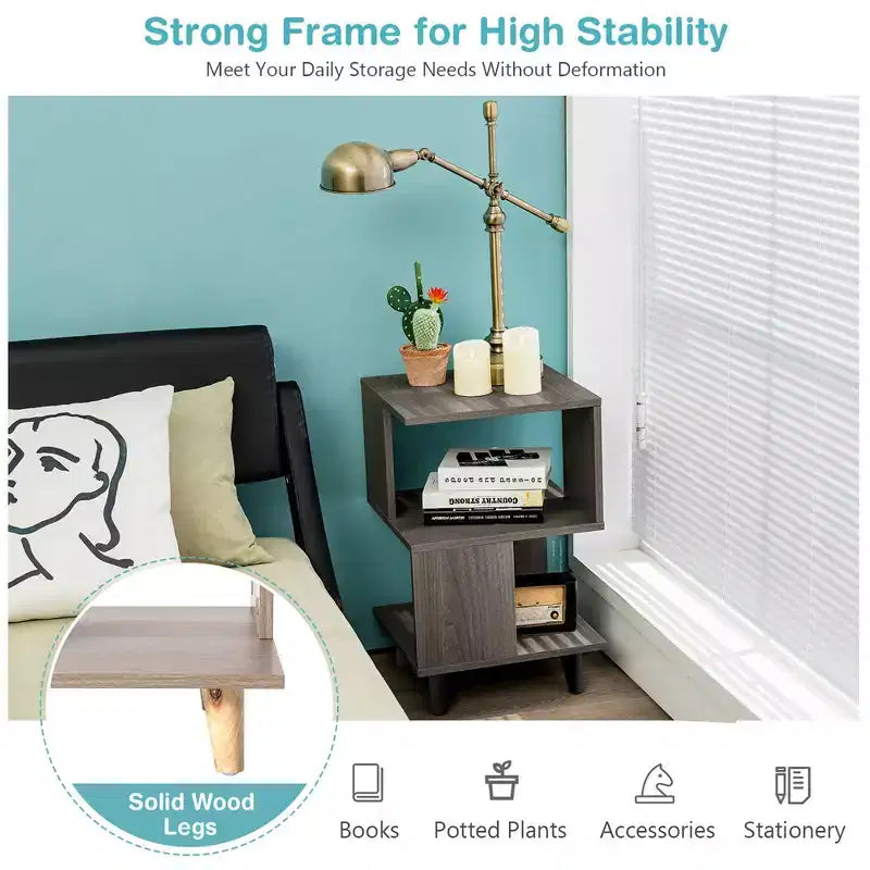 Comodini a 3 ripiani grigi, set da 2, stile asimmetrico