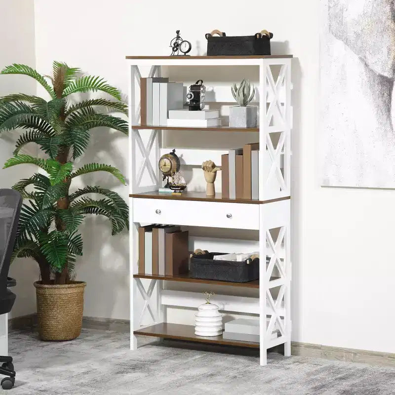 Libreria a 4 Ripiani con Cassetto, Bianco e Noce – 1 Persona