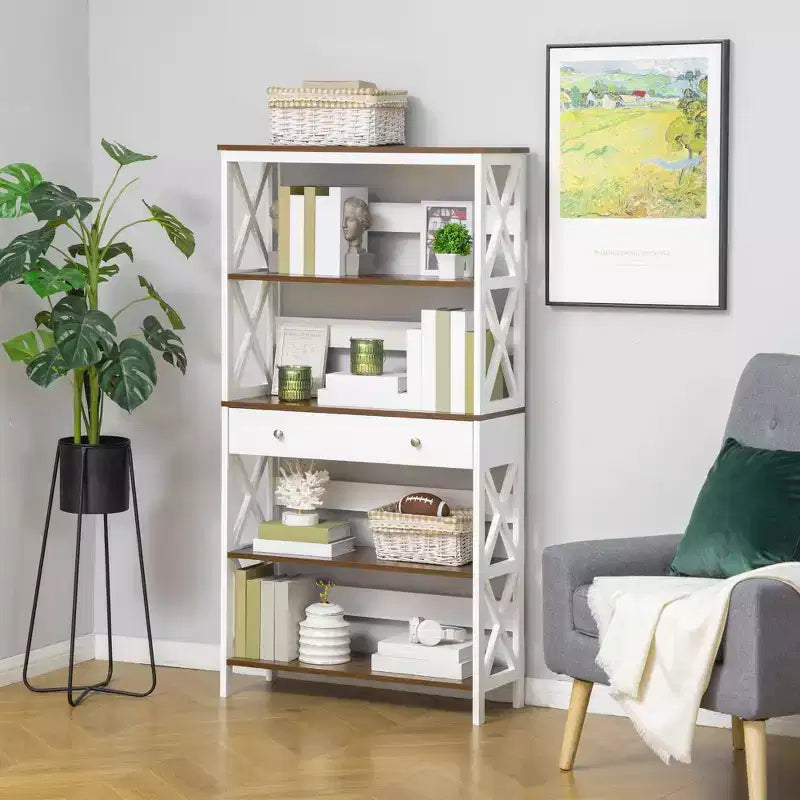 Libreria a 4 Ripiani con Cassetto, Bianco e Noce – 1 Persona