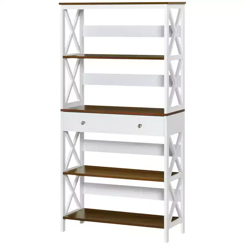 Libreria a 4 Ripiani con Cassetto, Bianco e Noce – 1 Persona
