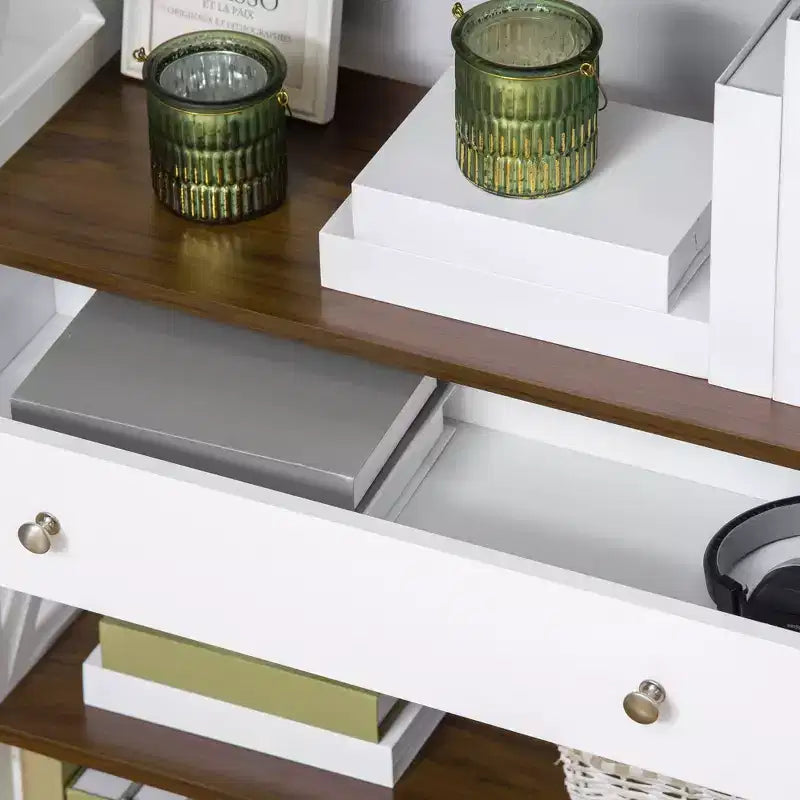 Libreria a 4 Ripiani con Cassetto, Bianco e Noce – 1 Persona