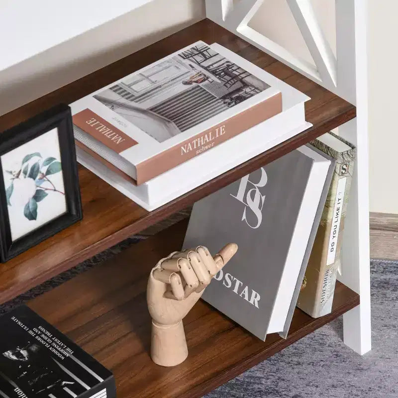 Libreria a 4 Ripiani con Cassetto, Bianco e Noce – 1 Persona