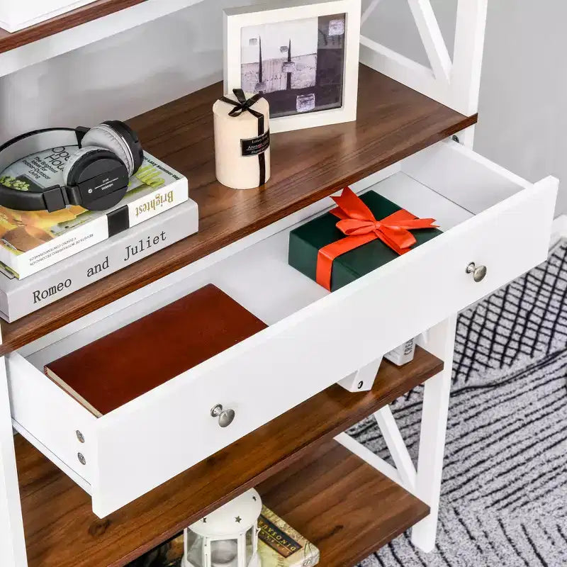 Libreria a 4 Ripiani con Cassetto, Bianco e Noce – 1 Persona