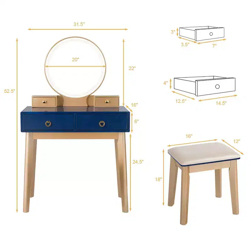 Toeletta con Specchio LED Touch Screen e Sgabello – Nero / Blu Navy / Bianco – 1 Posto