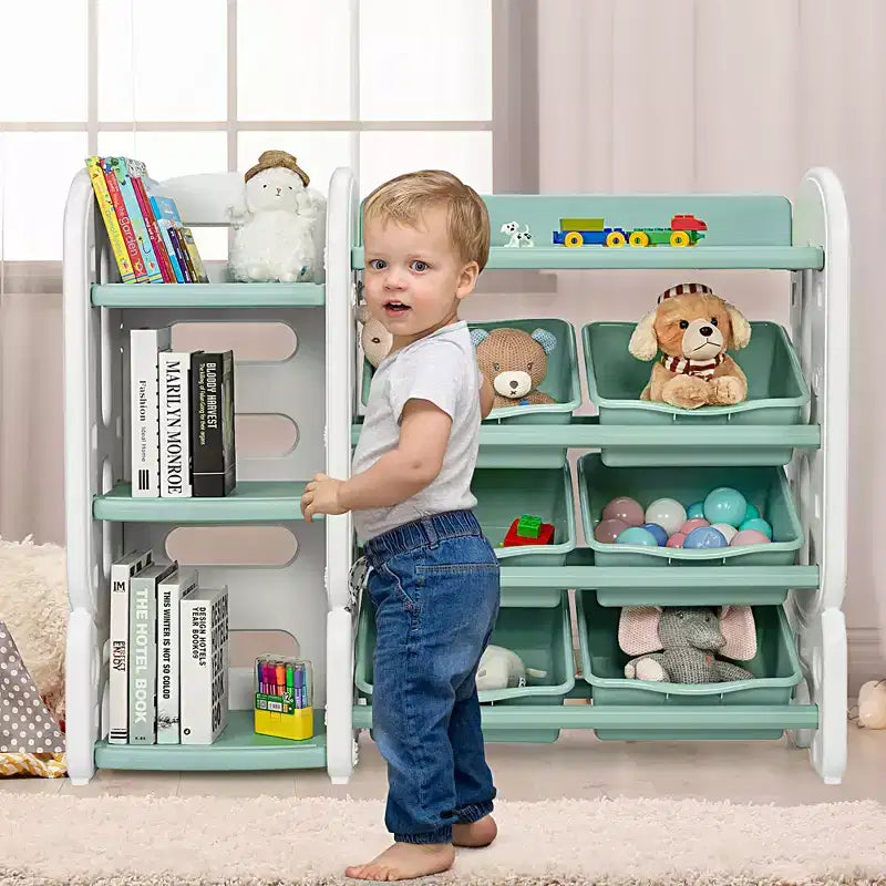 Organizzatore portaoggetti per giocattoli per bambini Blu/Verde con contenitori e mensola, 1 bambino