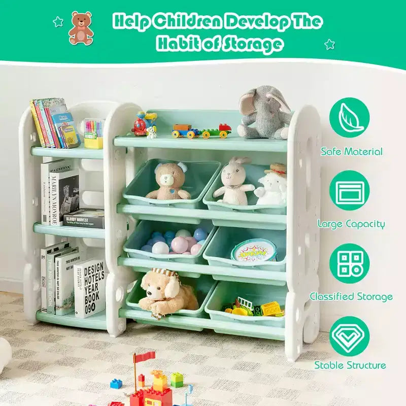 Organizzatore portaoggetti per giocattoli per bambini Blu/Verde con contenitori e mensola, 1 bambino