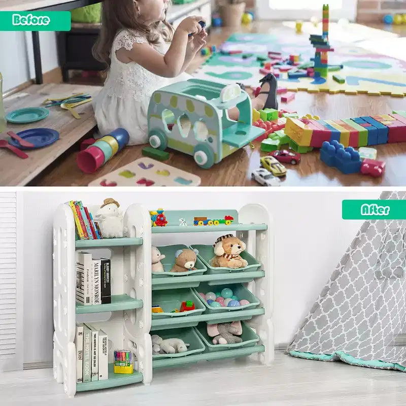 Organizzatore portaoggetti per giocattoli per bambini Blu/Verde con contenitori e mensola, 1 bambino