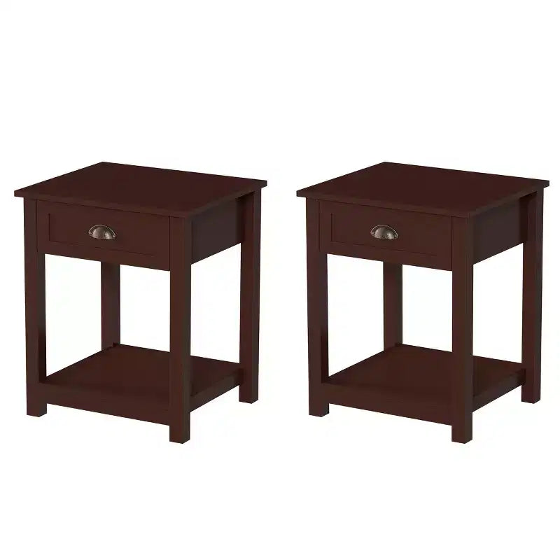 Tavolino finale in stile shaker marrone Umber con cassetto, set da 2