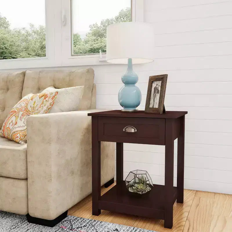 Tavolino finale in stile shaker marrone Umber con cassetto, set da 2
