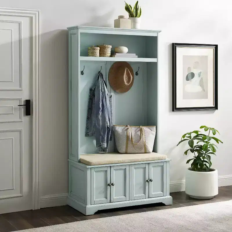 Albero da ingresso blu schiuma di mare invecchiato/bianco con 4 ganci – Singolo