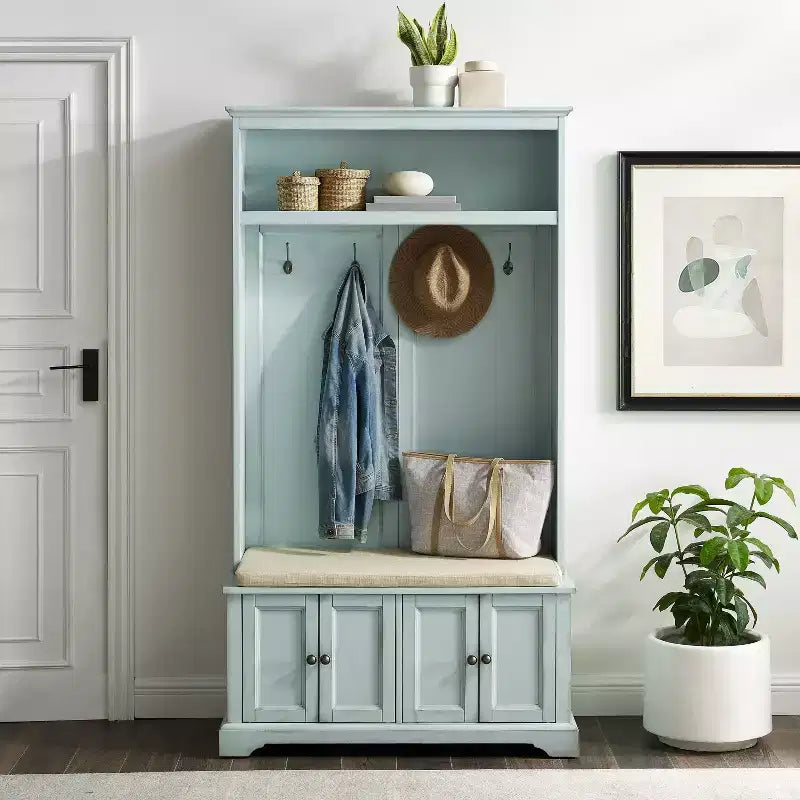 Albero da ingresso blu schiuma di mare invecchiato/bianco con 4 ganci – Singolo