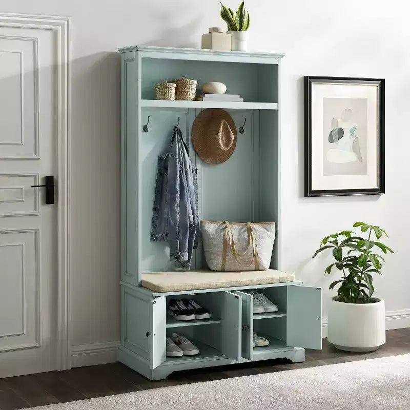 Albero da ingresso blu schiuma di mare invecchiato/bianco con 4 ganci – Singolo