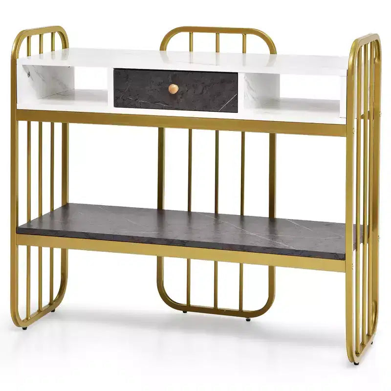 Consolle Bianca e Oro Effetto Marmo con Cassetto, Ripiano e 2 Scomparti