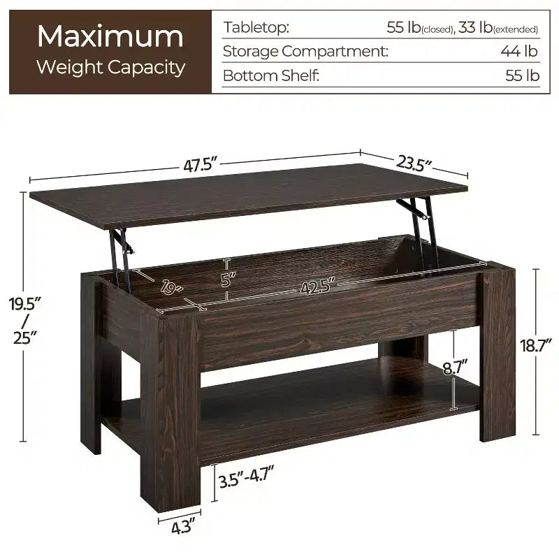 Tavolino da Caffè con Ripiano Sollevabile e Vano Nascosto & Ripiano Aperto – Nero / Espresso / Grigio / Marrone Rustico / Bianco – 1 Persona
