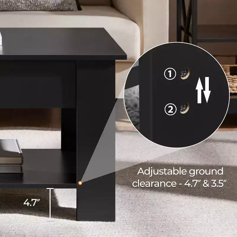 Tavolino da Caffè con Ripiano Sollevabile e Vano Nascosto & Ripiano Aperto – Nero / Espresso / Grigio / Marrone Rustico / Bianco – 1 Persona