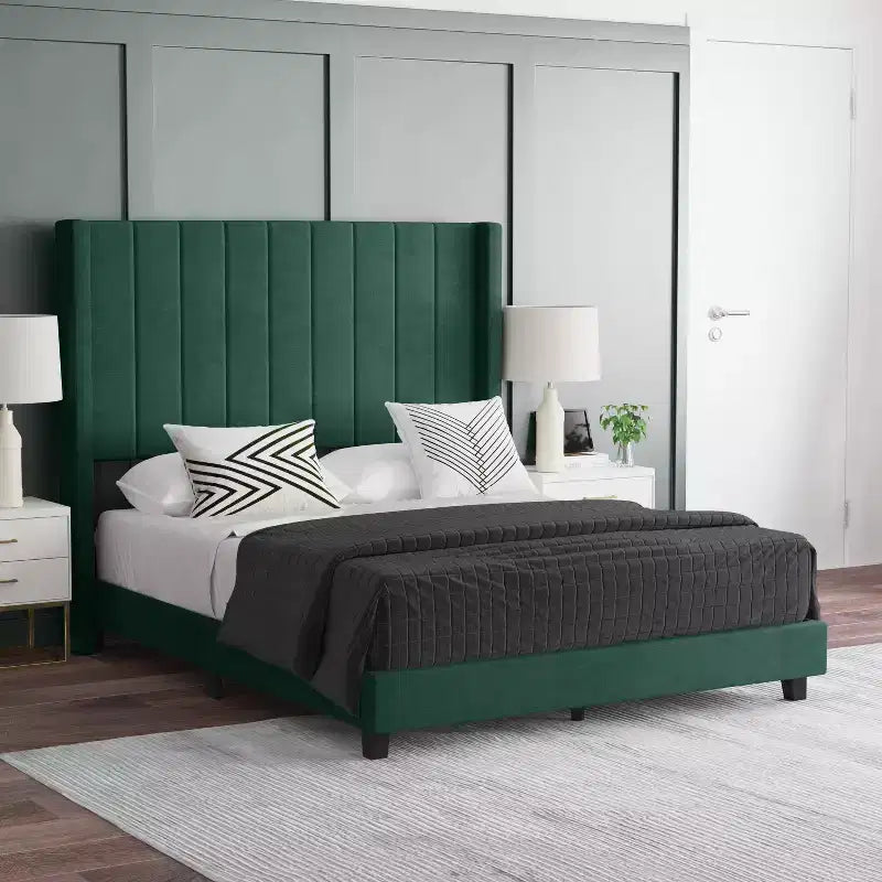 Letto a piattaforma imbottito in velluto – Smeraldo / Grigio / Blu scuro, Matrimoniale / Queen / King, 1 persona