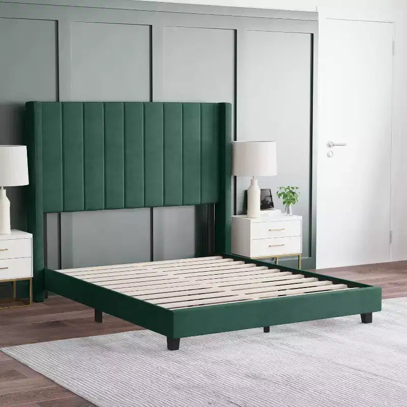Letto a piattaforma imbottito in velluto – Smeraldo / Grigio / Blu scuro, Matrimoniale / Queen / King, 1 persona