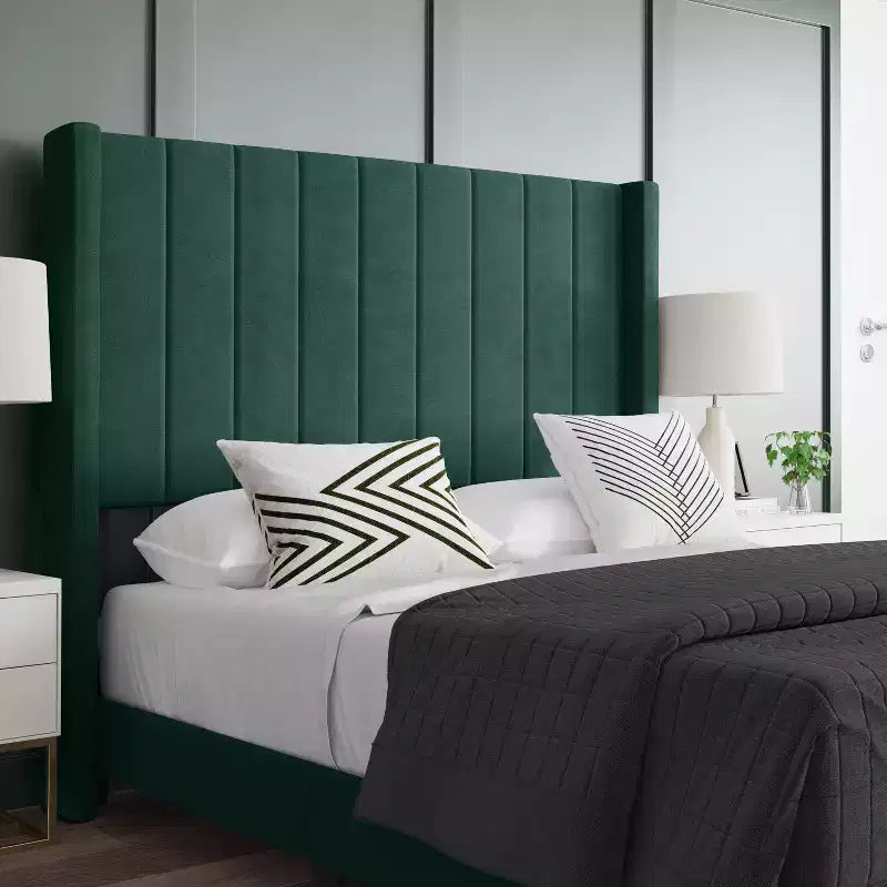 Letto a piattaforma imbottito in velluto – Smeraldo / Grigio / Blu scuro, Matrimoniale / Queen / King, 1 persona