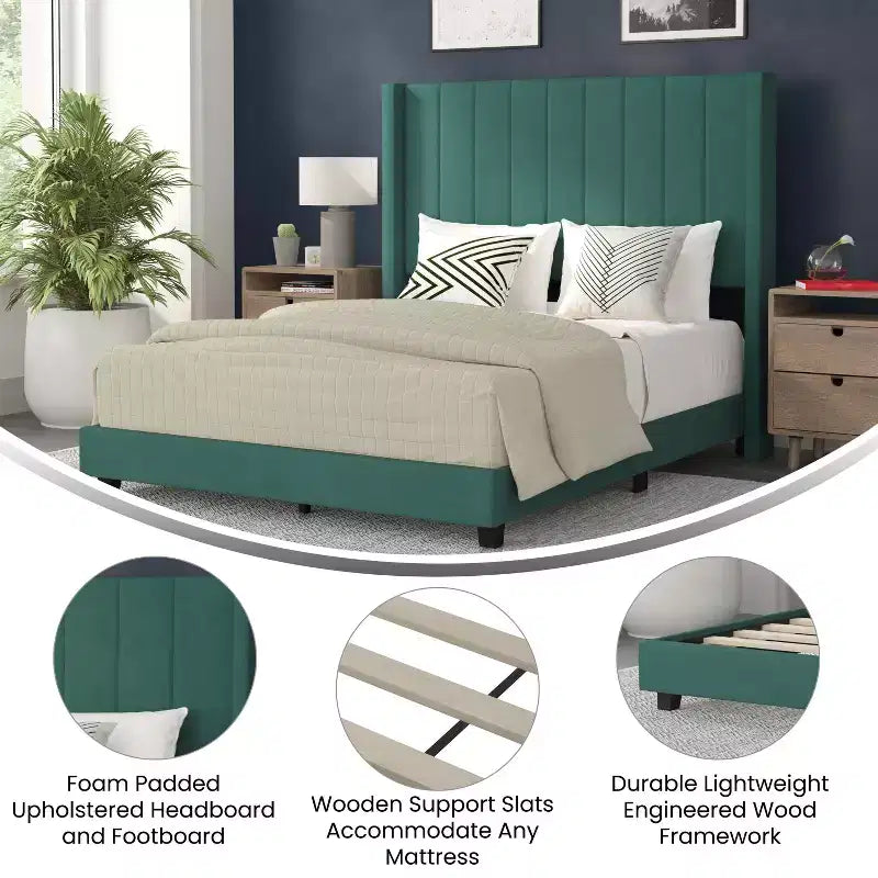 Letto a piattaforma imbottito in velluto – Smeraldo / Grigio / Blu scuro, Matrimoniale / Queen / King, 1 persona