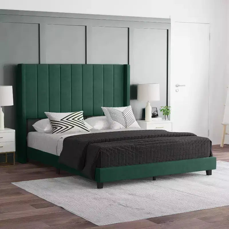Letto a piattaforma imbottito in velluto – Smeraldo / Grigio / Blu scuro, Matrimoniale / Queen / King, 1 persona