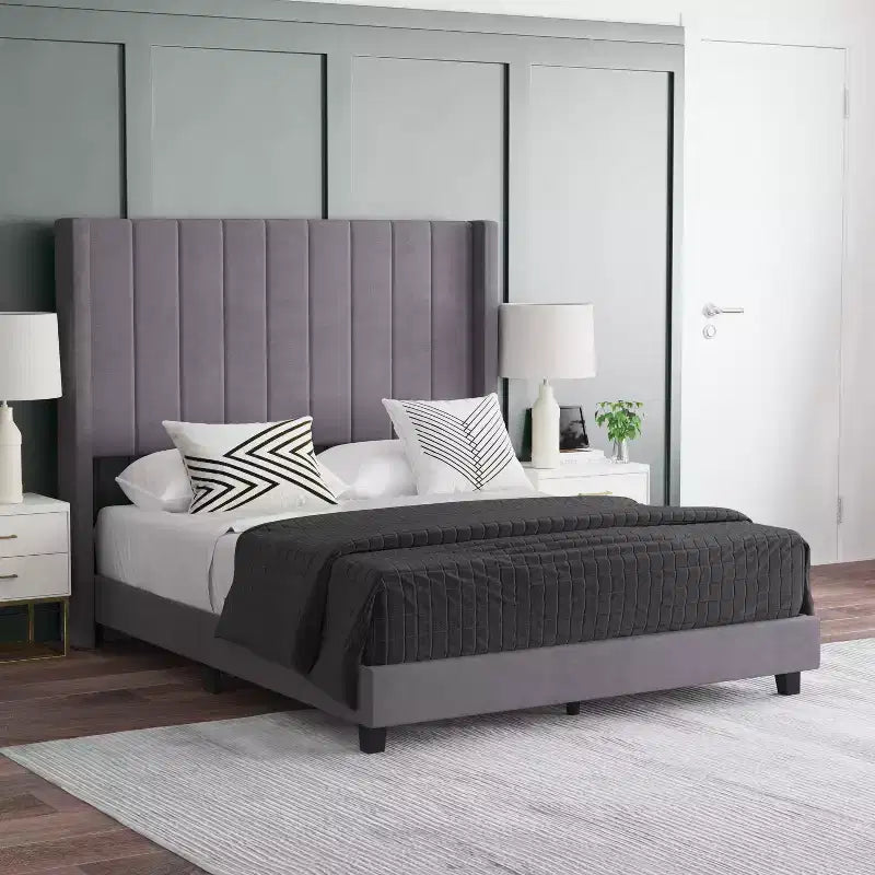 Letto a piattaforma imbottito in velluto – Smeraldo / Grigio / Blu scuro, Matrimoniale / Queen / King, 1 persona
