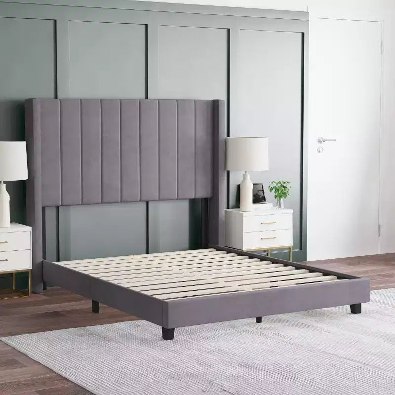 Letto a piattaforma imbottito in velluto – Smeraldo / Grigio / Blu scuro, Matrimoniale / Queen / King, 1 persona