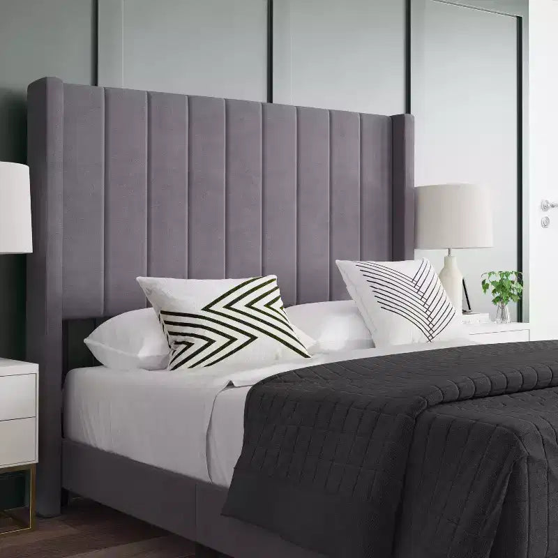 Letto a piattaforma imbottito in velluto – Smeraldo / Grigio / Blu scuro, Matrimoniale / Queen / King, 1 persona