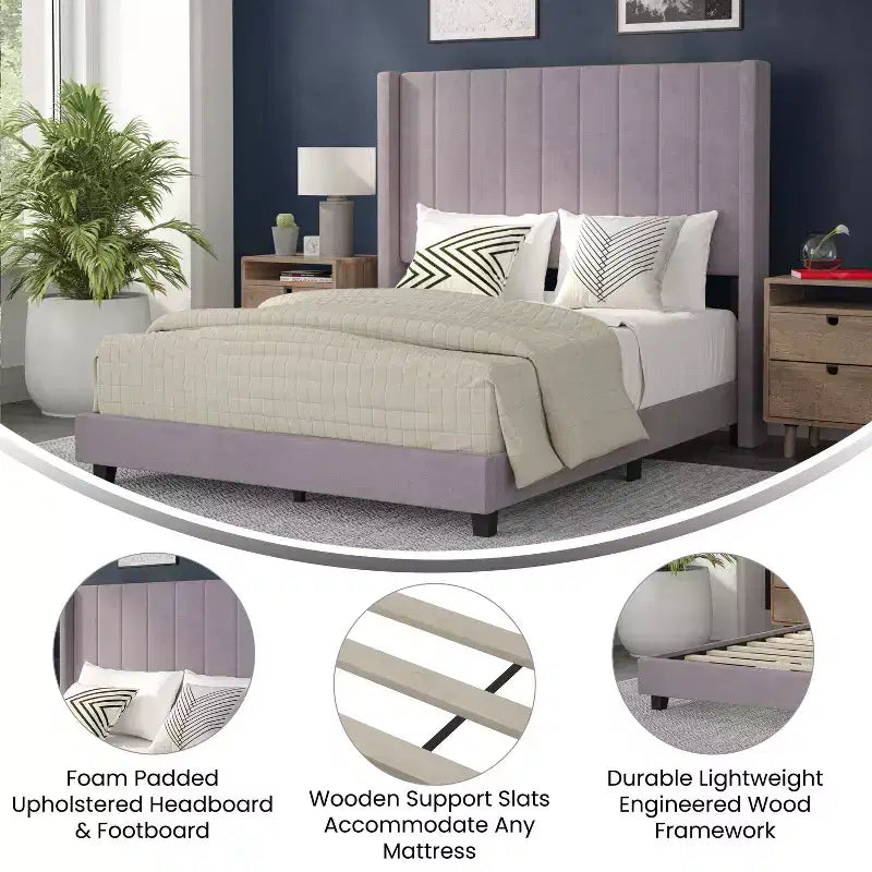 Letto a piattaforma imbottito in velluto – Smeraldo / Grigio / Blu scuro, Matrimoniale / Queen / King, 1 persona