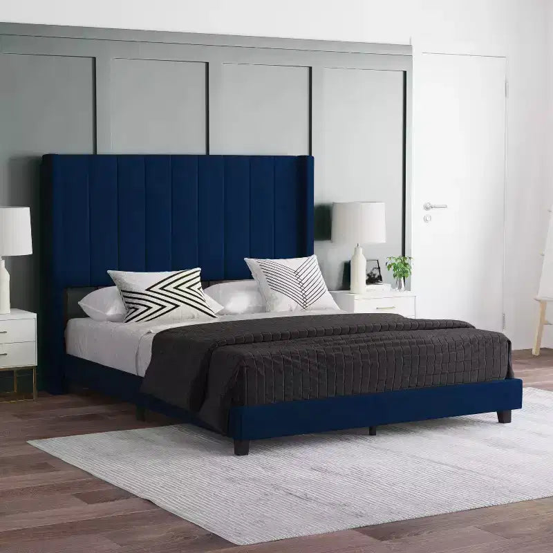 Letto a piattaforma imbottito in velluto – Smeraldo / Grigio / Blu scuro, Matrimoniale / Queen / King, 1 persona