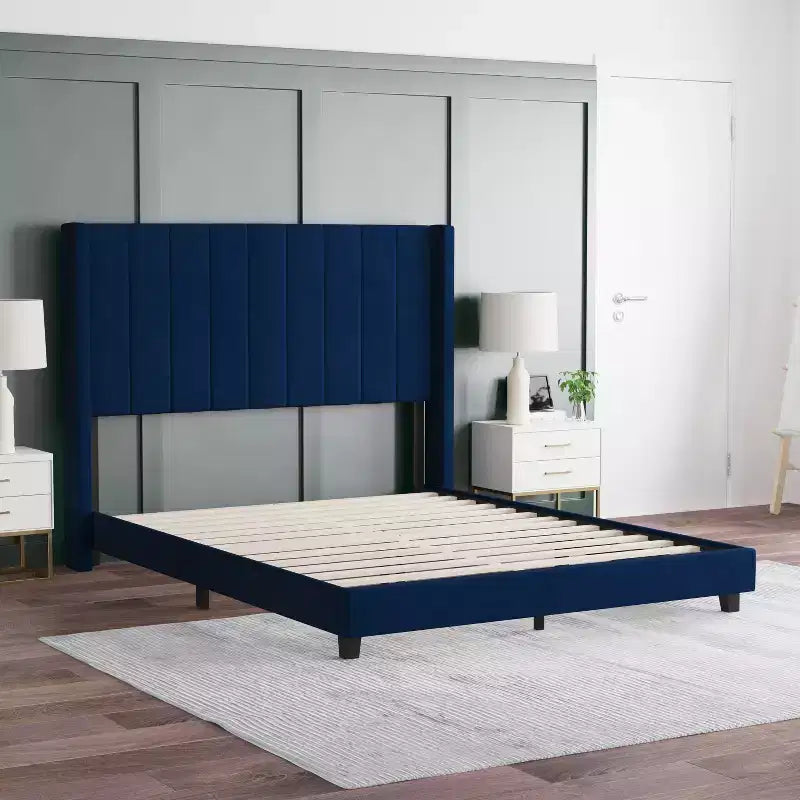 Letto a piattaforma imbottito in velluto – Smeraldo / Grigio / Blu scuro, Matrimoniale / Queen / King, 1 persona