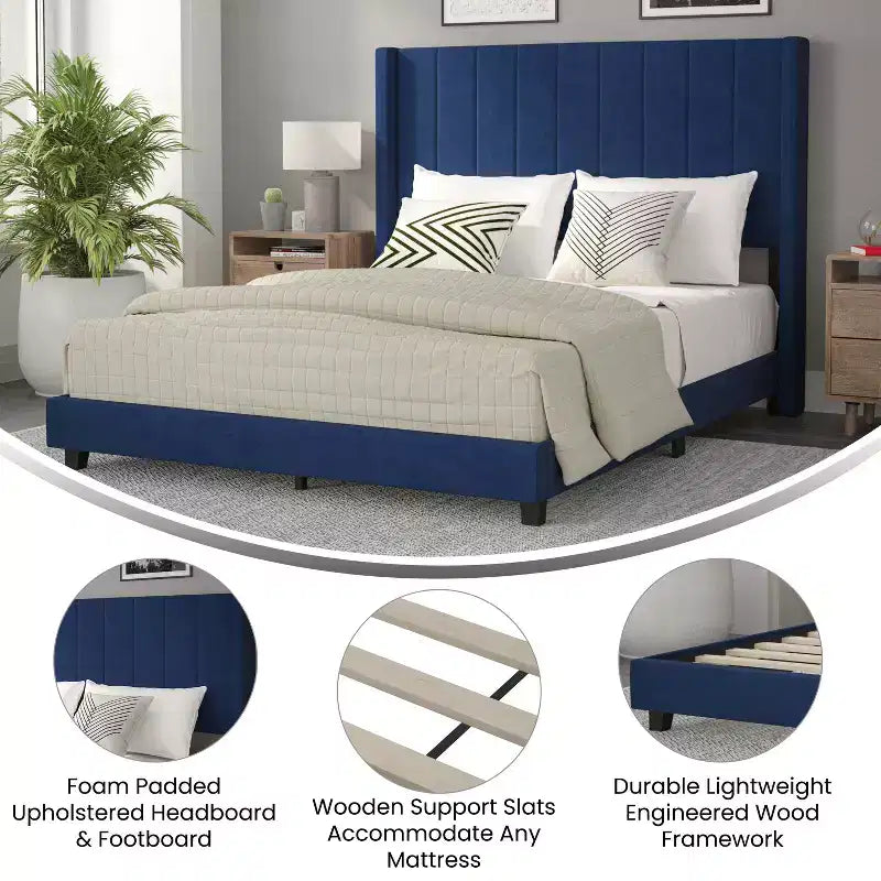 Letto a piattaforma imbottito in velluto – Smeraldo / Grigio / Blu scuro, Matrimoniale / Queen / King, 1 persona