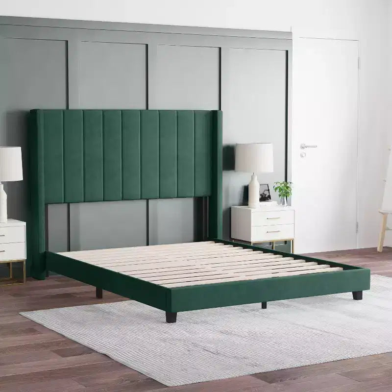 Letto a piattaforma imbottito in velluto – Smeraldo / Grigio / Blu scuro, Matrimoniale / Queen / King, 1 persona