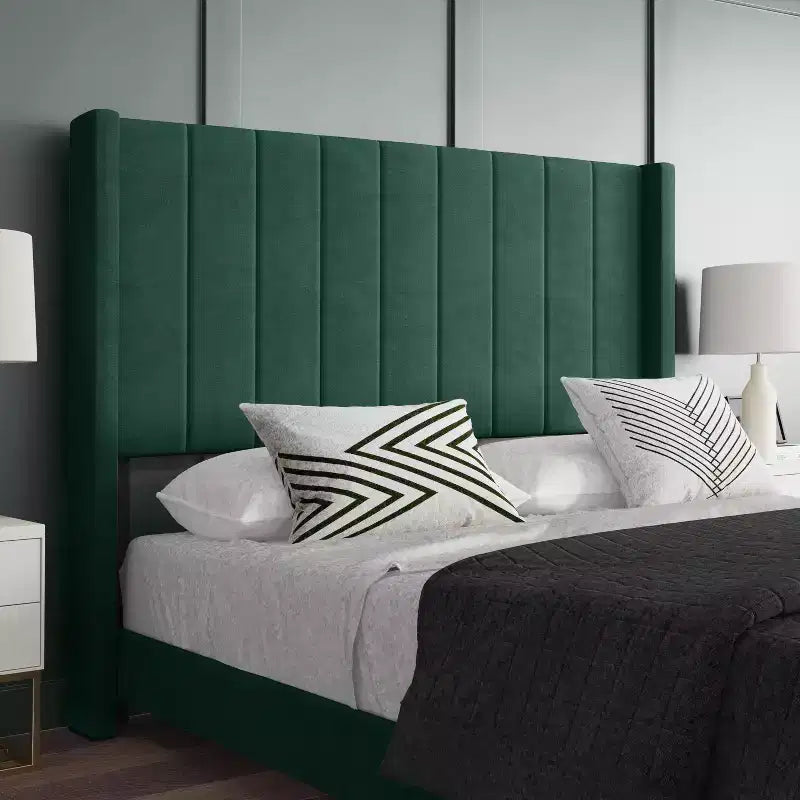 Letto a piattaforma imbottito in velluto – Smeraldo / Grigio / Blu scuro, Matrimoniale / Queen / King, 1 persona