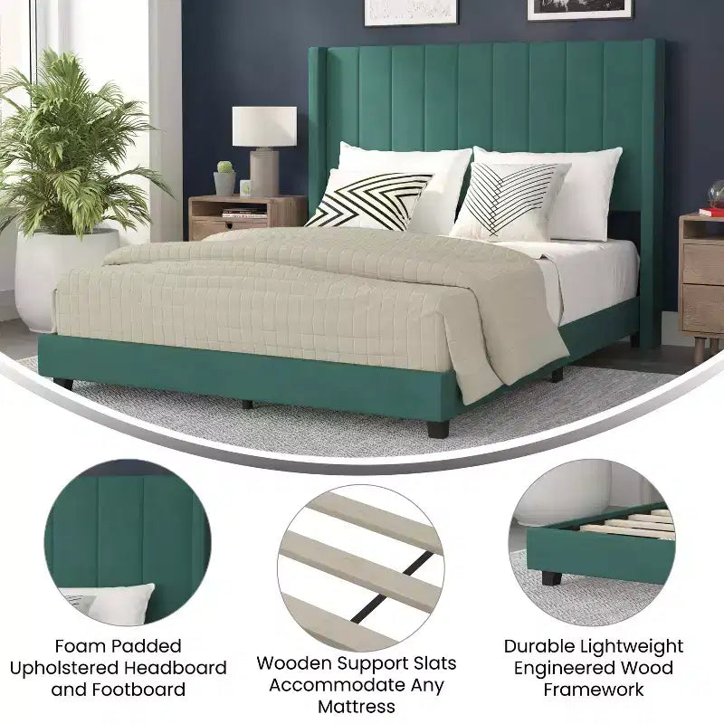 Letto a piattaforma imbottito in velluto – Smeraldo / Grigio / Blu scuro, Matrimoniale / Queen / King, 1 persona