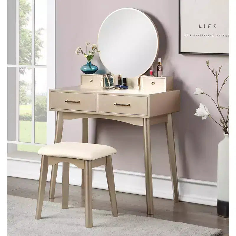 Set toilette e sgabello in legno contemporaneo oro, 2 pezzi, per utente singolo